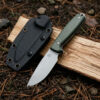 A small horizontal carry knife displayed next to its sheath, leaning against a split log.
