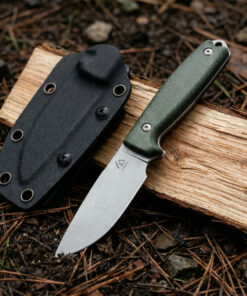 A small horizontal carry knife displayed next to its sheath, leaning against a split log.
