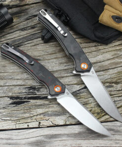 Two liner lock pocket knife models displayed.