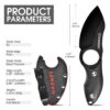 A mini fixed blade knife displayed next to its sheath and product specifications.