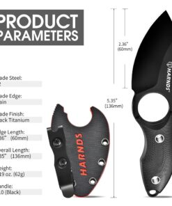 A mini fixed blade knife displayed next to its sheath and product specifications.