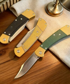 An automatic push button pocket knife.