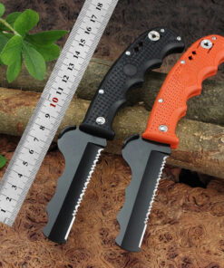 Two folding rescue knife models displayed next to a steel ruler.