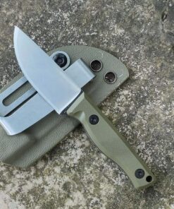 A small scout carry knife, displayed lying against its sheath.