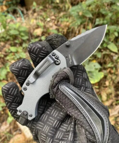A man's hand holding a small folding pocket knife.