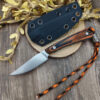 A small, fixed blade bird knife displayed next to its sheath.