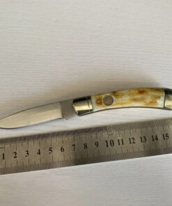 A bone handle pocket knife displayed next to a steel ruler.