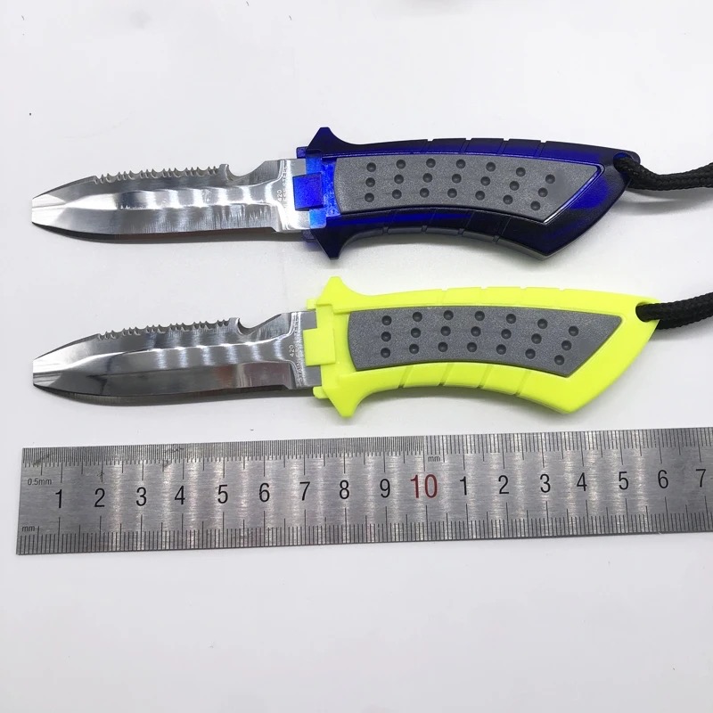 Diver's Knife Two diver's knife models of differing colors displayed next to a steel ruler.