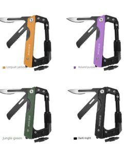 Four knife carabiner multitool models of differing colors.
