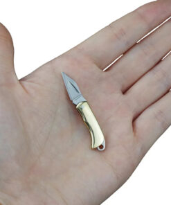 A tiny micro pocket knife resting in the palm of a man's hand.