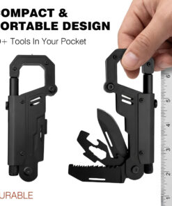 A man's hand holding a multitool keychain next to a steel ruler.