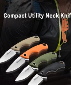 Four small EDC fixed blade knife models of differing colors.