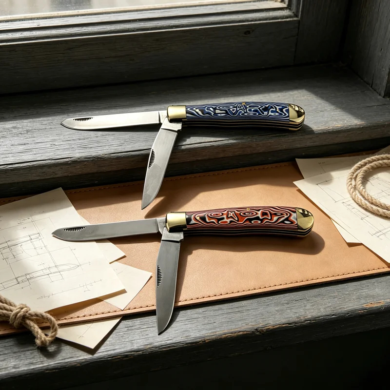 Trapper Knife Two folding trapper knife models of differing colors displayed with their twin blades opened.