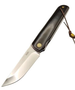 A folding Tanto knife with a wooden handle.