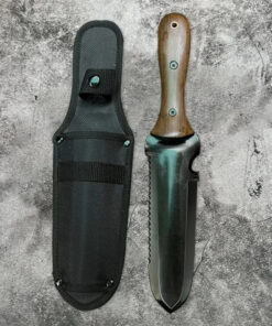 A hori hori garden knife tool, displayed next to its sheath.