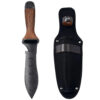 A hori hori knife gardening tool displayed next to its sheath.
