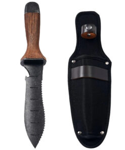 A hori hori knife gardening tool displayed next to its sheath.