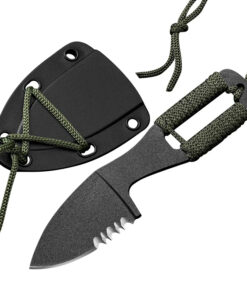 A mini neck knife displayed next to its small sheath.