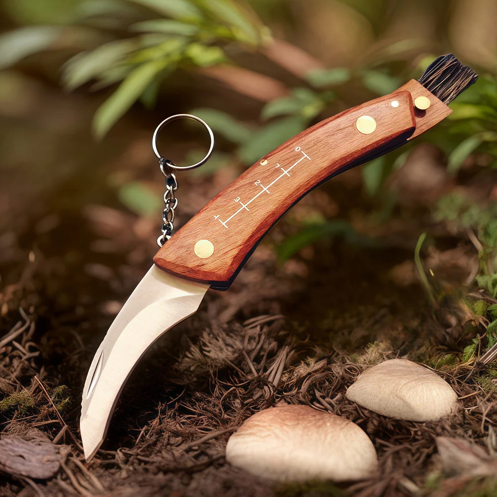 Mushroom Knife With Brush A mushroom knife with brush, displayed against a forest floor background.