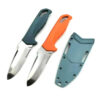 Two sea knife models of differing color, displayed next to a knife sheath.