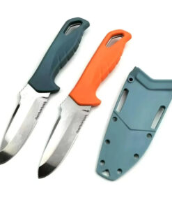 Two sea knife models of differing color, displayed next to a knife sheath.