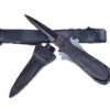A spearfishing knife with leg strap and sheath.