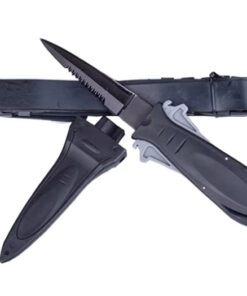 A spearfishing knife with leg strap and sheath.