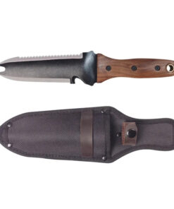 A hori hori weeding knife garden tool, displayed next to its sheath.