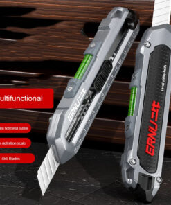 A retractable utility work knife with built-in level.