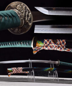 A demon slayer Katana real weapon, displayed on a small stand, alongside its scabbard.