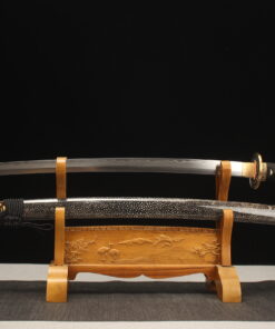 A dragon Katana sword, displayed on a wooden stand alongside its scabbard.