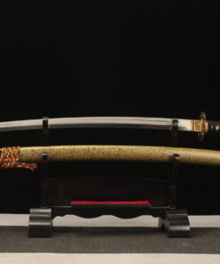 A Longquan tiger Katana sword, displayed on a small wooden stand, alongside its scabbard.