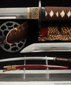 A Kobuse Laminate metal Katana sword, displayed on a small stand alongside its scabbard.