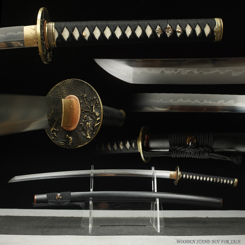 Steel Battle Ready Katana A 1095 steel battle ready Katana, displayed on a small stand, alongside its black scabbard.