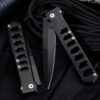 Two black tactical folding knives; one in a half opened position, and the other in a completely folded position.