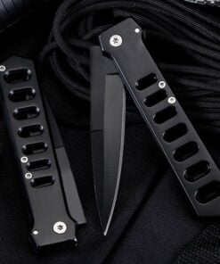 Two black tactical folding knives; one in a half opened position, and the other in a completely folded position.